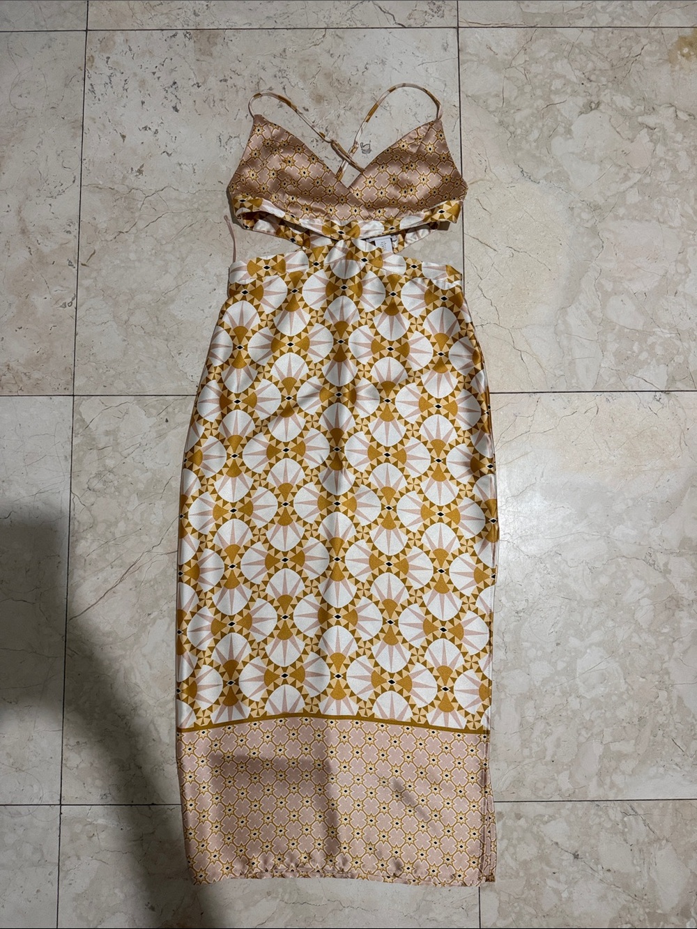 House of Harlow 1960 Gold, Blush, and White Geometric Satin Midi Dress